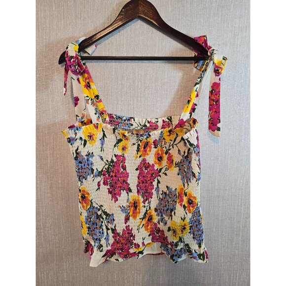 Floral Smocked Tank Top With Tie Straps By THML Size L Polyester  Multicolor - Picture 2 of 9